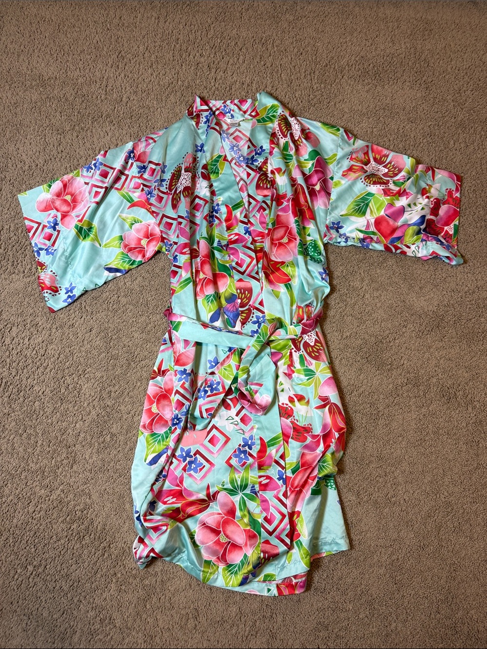 Natori Private Luxuries | Aqua Floral Kimono Robe with Pink & Green Accents | S